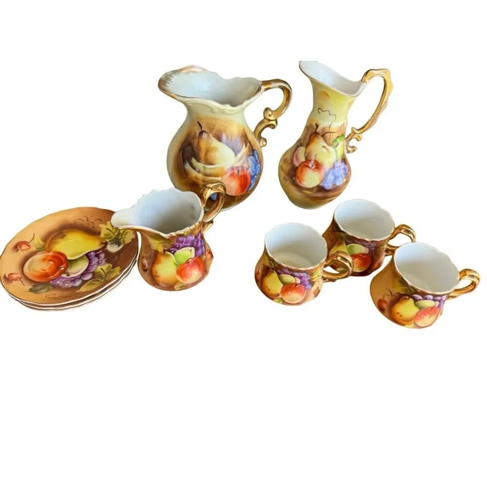 Lefton China Tea Set Heritage Brown Fruit Hand Painted Tea Party Decor Bridgerto